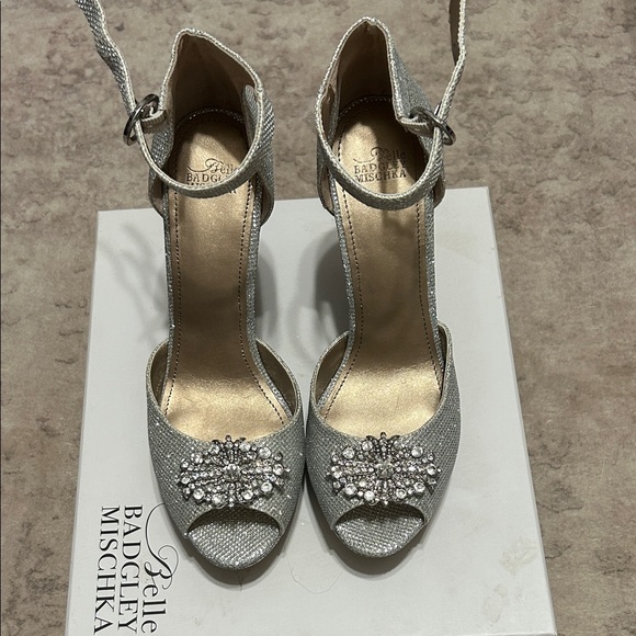 Badgley Mischka Shoes - Badgley Mischka Silver Crystal Peep-Toe Ankle-Strap Heels
